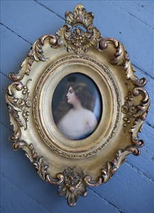 Oval painting on porcelain of young woman in gold gilded frame: Oval painting on porcelain of young woman in gold gilded frame, 14 x 10