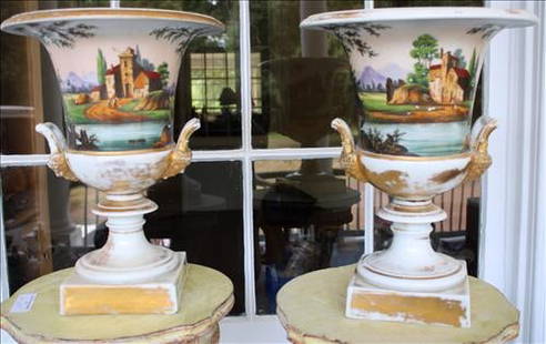 Pair of antique Old Paris mantle urns with handles: Pair of antique Old Paris mantle urns with double handles, country houses scene and gold enamel paint, 18 in. T, 12 in. D.