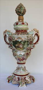 Dresden large very ornate capped urn with applied flowers: Dresden large very ornate capped urn with applied flowers, double handles and beautiful ornate base