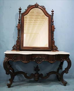 Rosewood dressing table signed J. J.W. Meeks with marble top: Rosewood dressing table signed J. J.W. Meeks with white marble top, 76 in. T, 56 in. W, 24 in. D.