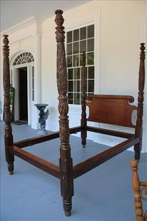 Period Empire acanthus carved 4 poster bed, full size: Period Empire acanthus carved 4 poster bed with brass feet, bolts together and previously a rope bed, full size, ca. 18330 - 1840, 88 in. T, 71 in. L, 48 in. W.