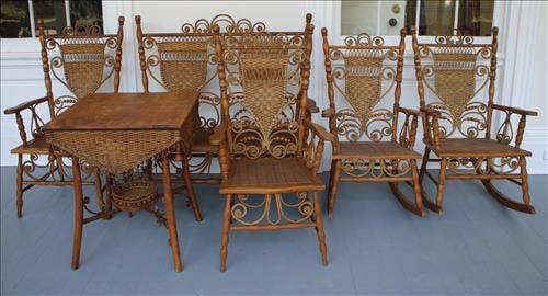 6 piece set of Victorian natural porch wicker: 6 piece set of Victorian natural porch wicker, settee, 2 side chairs, rocker and matching table - 24 in. Sq., 30 in. T, ca. 1900