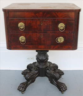 Mahogany Empire 2 drawer work table: Mahogany Empire 2 drawer work table with brass pulls and acanthus carved base with feather paw feet, 23 in. T, 24 in. W, 18 in. D.