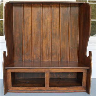 Primitive pine hall or fireplace bench with cubby holes at bottom: Primitive pine hall or fireplace bench with 2 cubby holes at bottom, 62 in. T, 52 in. W, 16 in. D.