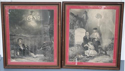 Pair black and white pencil drawings of mourning: Pair black and white pencil drawings of Civil War graveside mourning with walnut frames and burgundy matting, 27 x 23