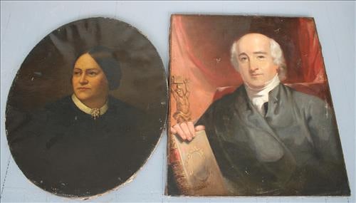 Pair of oil on canvas, Civil War plantation owners: Pair of oil on canvas paintings of husband and wife, Civil War plantation owners, one square frame and one oval, 30 x 25, no authentication