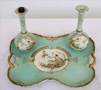 3 piece hand painted dresser set, tray and 2 bottles: 3 piece hand painted dresser set, tray and 2 matching bottles with gold enamel paint, tray is 12 x 9