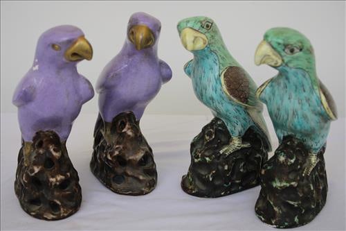 4 piece set of hand painted parrots, 2 purple, 2 green: 4 pieces of hand painted parrots, set of 2 purple, and set of 2 green