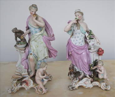 Pair of Meissen figurines of man and woman, 11 in. T.: Pair of Meissen figurines of man and woman with gold enamel paint, 11 in. T, 6 in. W, 5 in. R.