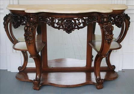 Rosewood rococo console table with white marble top: Rosewood rococo console table with white marble top, 35 in. T, 54 in. W, 20 in. D.