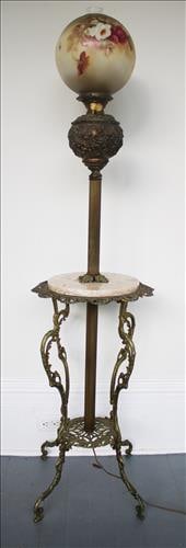 Victorian brass and alabaster piano lamp, 64 in. T.: Victorian brass and alabaster piano lamp with hand painted flowers on shade, 64 in. T.