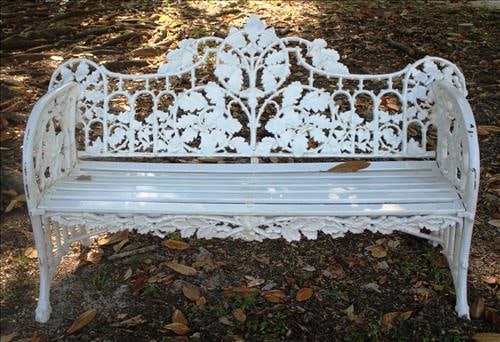 Heavy cast iron white yard bench with wooden bottom slats (1 of 3)