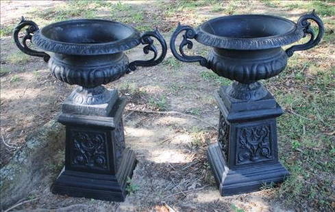 Black 2 piece cast iron yard urns with double handles: Black 2 piece cast iron yard urns with double handles, 33 in. T, 25 in. H-H