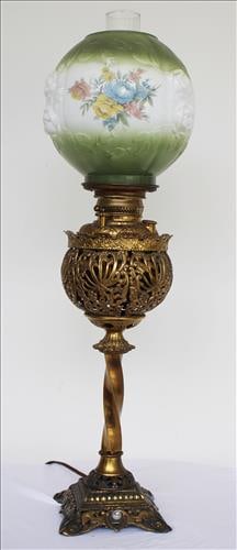 Victorian hand painted brass banquet lamp, 30 in. T. (1 of 4)