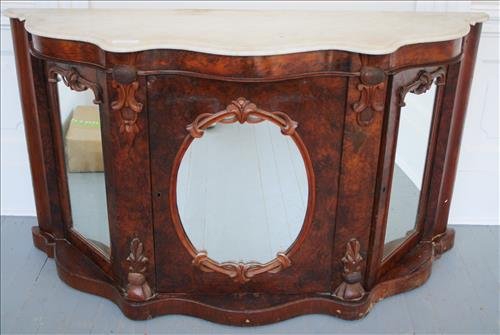 English credenza with original white marble and mirrored front: English credenza with original white marble and mirrored front, needs some restoration, 34 in. T, 59 in. W, 18 in. D.