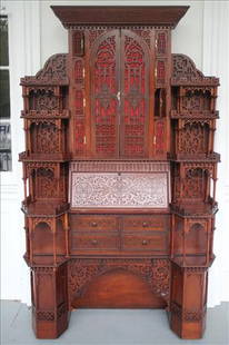 Victorian secretary with drop front desk with gothic accents: Victorian secretary with drop front desk with gothic accents mirror, 77 in. T, 46 in. W, 16 in. D.