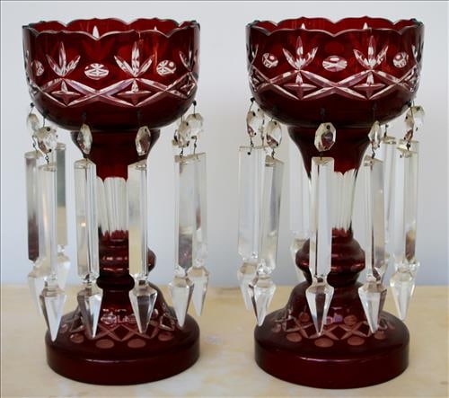 Pair of red cut to clear mantle lusters with original prisms: Pair of red cut to clear mantle lusters with original prisms, 12 in. T, 6 in. R, 7 in. Prisms