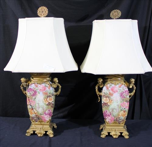 Pair of lamps with double handles and bronze mounts, 24 in. T.: Pair of porcelain lamps with double handles, bronze mounts and hand painted with flowers, 24 in. T.