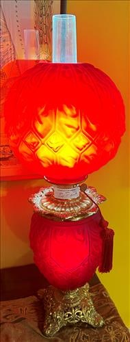 Fenton gone with the wind style lamp with red blown glass: Fenton gone with the wind style lamp with red blown glass with round shades and brass accents, 32 in. T.