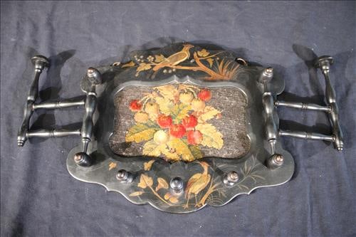 Ebonized wall hanging coat rack with needlepoint, 25 x 13 (1 of 2)