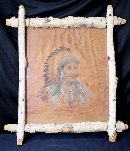 Hand painted portrait of Indian painted on animal hide: Hand painted portrait of Indian painted on animal hide with custom wood frame, traded by Indian for haircut in 1890 at Haeberle's Drug Store in Broken Bow, Nebraska, 30 x 27