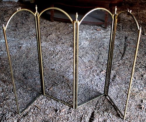 Folding brass fireplace screen with black mesh (1 of 2)