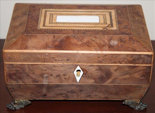 Burl walnut inlaid jewelry box with pearl inlay on top (1 of 3)