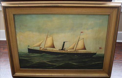 Oil on canvas of sailing ship in rough seas, 32 x 45: Oil on canvas of sailing ship in rough seas in gold gilded frame, 32 x 45