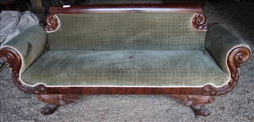Federal mahogany sofa with exaggerated feet, needs new upholstery: Federal mahogany sofa with exaggerated feet, needs new upholstery, 34 in. T, 60 in. W, 19 in. D.
