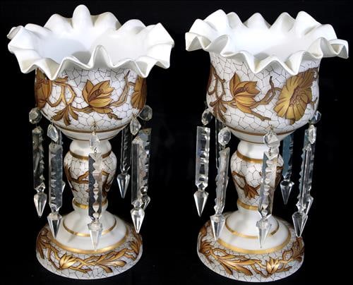 Pair of white mantle lusters with 8 in. Prisms, 14 in. T. (1 of 5)