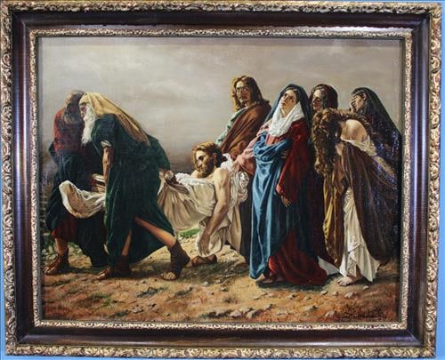 Oil on canvas of disciples carrying Christ after crucifixion: Oil on canvas of disciples carrying Christ from the cross after his crucifixion, decommissioned from museum, ca 1938, after Antonio Ciser, 1821 - 1891, 24 x 29