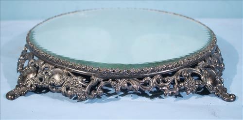 Victorian silver-plate round plateau mirror, 16. 5 in Dia., 2 in. T. (1 of 3)