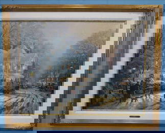 Oil on canvas painting titled, A Holiday Gathering, 34 x 42