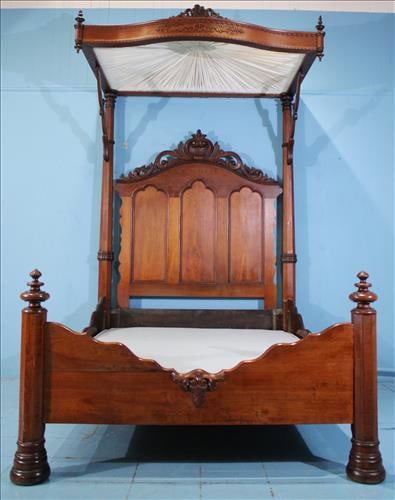 Walnut Victorian half tester plantation bed with carved crown (1 of 7)