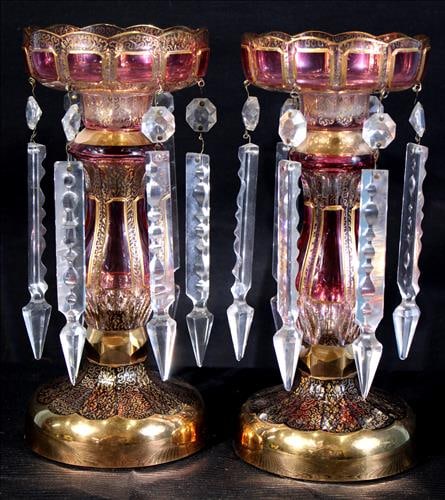 Pair of cranberry lusters with gold enamel paint and 7 in. Prisms (1 of 4)