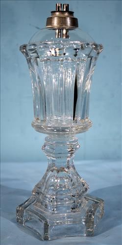 Very old pattern glass whale oil lamp, 11 in. T.: Very old pattern glass whale oil lamp with no damage, from Magnolia Hill, 11 in. T.