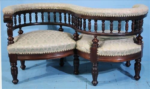 Walnut Victorian Tete a Tete chair gold upholstery: Walnut Victorian Tete a Tete chair new gold upholstery, 30 in. T, 57 in. W, 25 in. D.