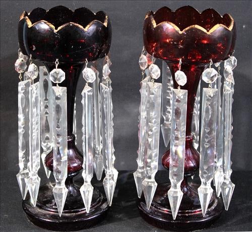 Pair of pigeon blood mantle lusters with long prisms, 16 in. T.: Pair of pigeon blood mantle lusters with 10.5 in. long prisms, 16 in. T, 6 in. R.