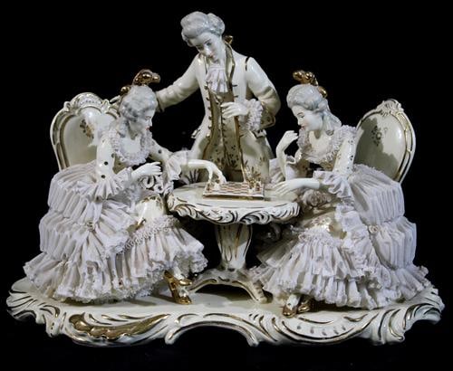 Dresden figurine of French ladies playing chess, 9 in. T, 13 in. W. (1 of 5)