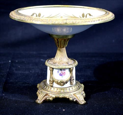 Small bronze and porcelain Sevres mint bowl, signed, 14 in. T. (1 of 4)