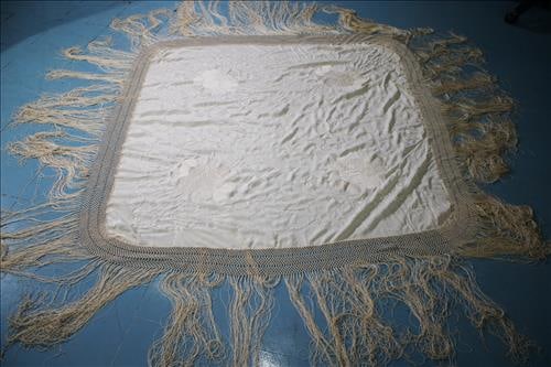 Victorian piano shawl with hand needlework and long fringe: Victorian piano shawl with hand needlework and long fringe from Magnolia Hill