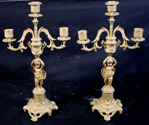 Pair of dore bronze 3 light candlesticks, 17 in. T, 8 in. W. (1 of 5)