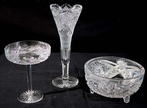 3 piece deal of brilliant cut glass, vase, compote and bowl (1 of 3)