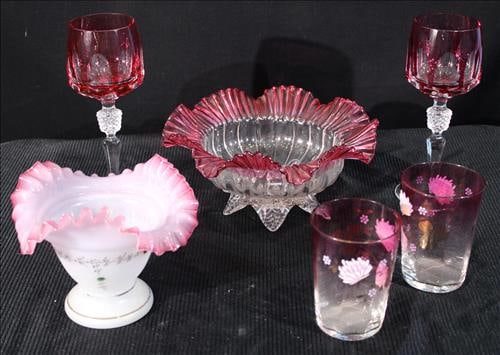 6 piece deal of hand blown cranberry glass, 4 in. T, 9 in. R. (1 of 3)