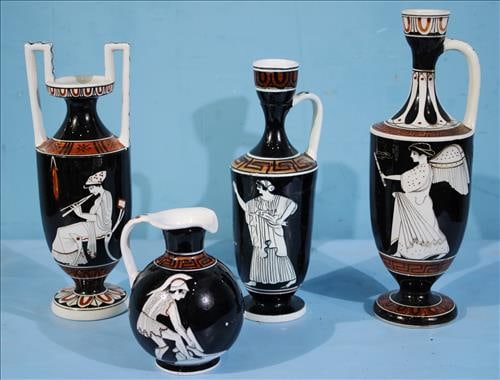 4 pieces of Egyptian hand painted porcelains, 3 urns, picture: 4 pieces of Egyptian hand painted porcelains, 3 urns and one picture, 1 in. 15 in. T.