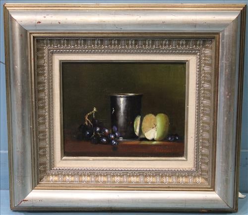 Framed still life of grapes and apples in silver frame: Framed still life of grapes and apples in silver frame, 16 x 18