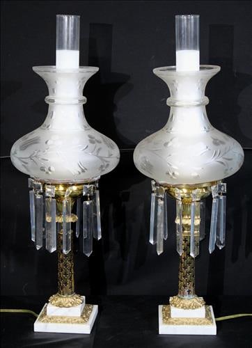 Pair of beautiful astral lamps with prisms, white marble, 20 in. (1 of 5)