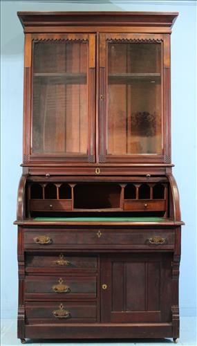 Walnut Victorian cylinder roll desk with green felt top: Walnut Victorian cylinder roll desk with green felt top, all original hardware and interior, 88.5 in. T, 43 in. W, 23 in. D.