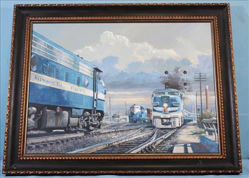 Contemporary oil on canvas of Mo. Pacific Railway, 27 x 35: Contemporary oil on canvas of Missouri Pacific Railway, ca. 1950, 27 x 35