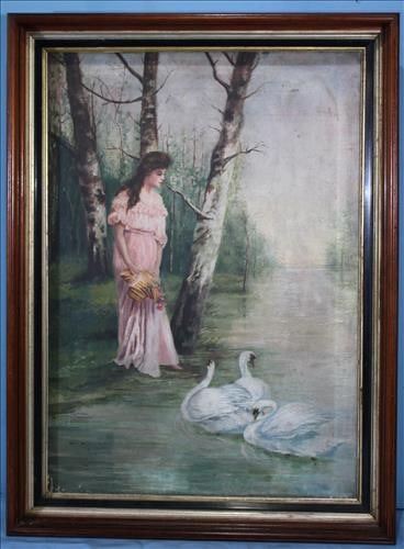 Oil on canvas of Victorian girl in pink dress, 29 x 29: Oil on canvas of Victorian girl in pink dress and swans swimming in a stream, 29 x 29